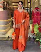 Burnt Orange Embroidered Palazzo Suit with Dupatta and Potli Bag Festive Wear