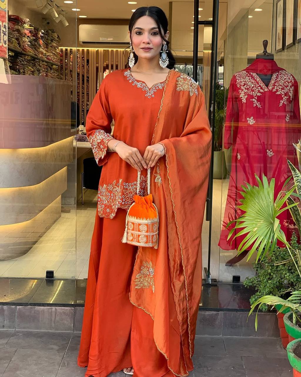 Burnt Orange Embroidered Palazzo Suit with Dupatta and Potli Bag Festive Wear