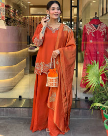 Burnt Orange Embroidered Palazzo Suit with Dupatta and Potli Bag Festive Wear