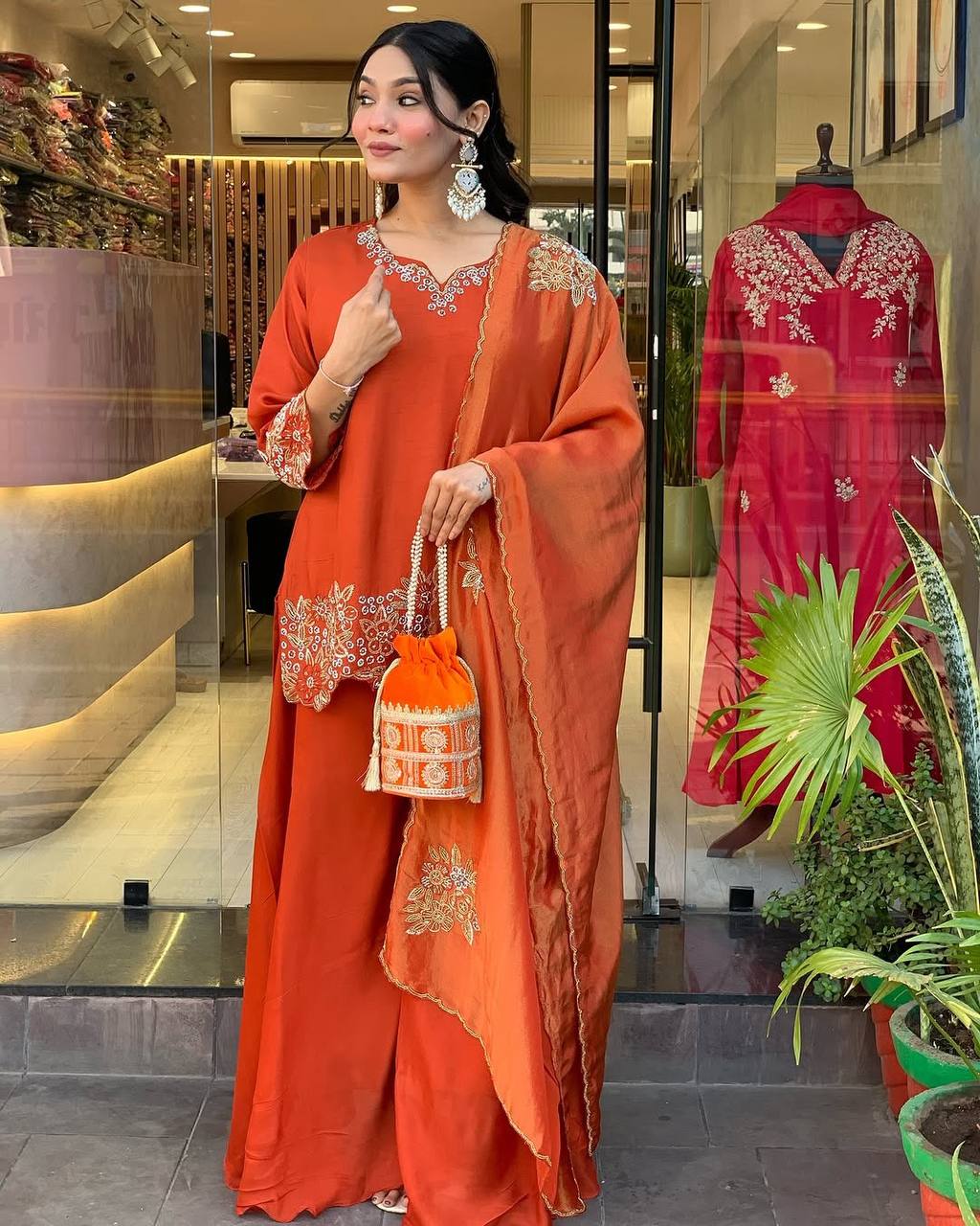 Burnt Orange Embroidered Palazzo Suit with Dupatta and Potli Bag Festive Wear