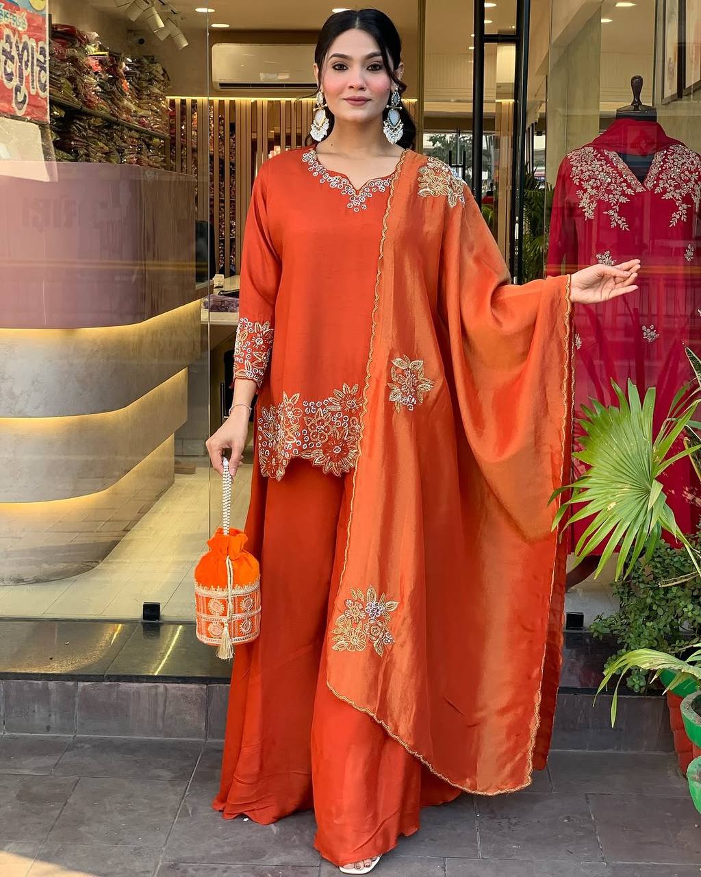 Burnt Orange Embroidered Palazzo Suit with Dupatta and Potli Bag Festive Wear