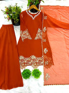 Burnt Orange Embroidered Palazzo Suit with Dupatta and Potli Bag Festive Wear