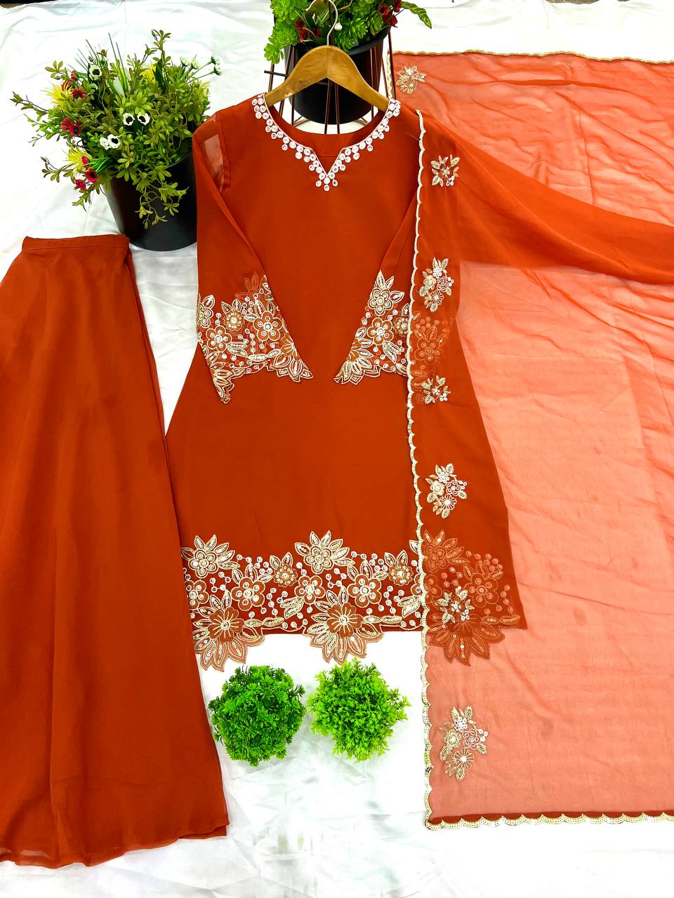 Burnt Orange Embroidered Palazzo Suit with Dupatta and Potli Bag Festive Wear
