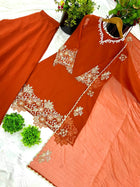 Burnt Orange Embroidered Palazzo Suit with Dupatta and Potli Bag Festive Wear