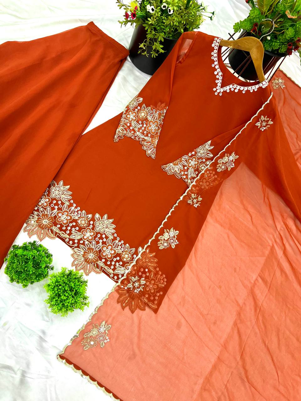 Burnt Orange Embroidered Palazzo Suit with Dupatta and Potli Bag Festive Wear