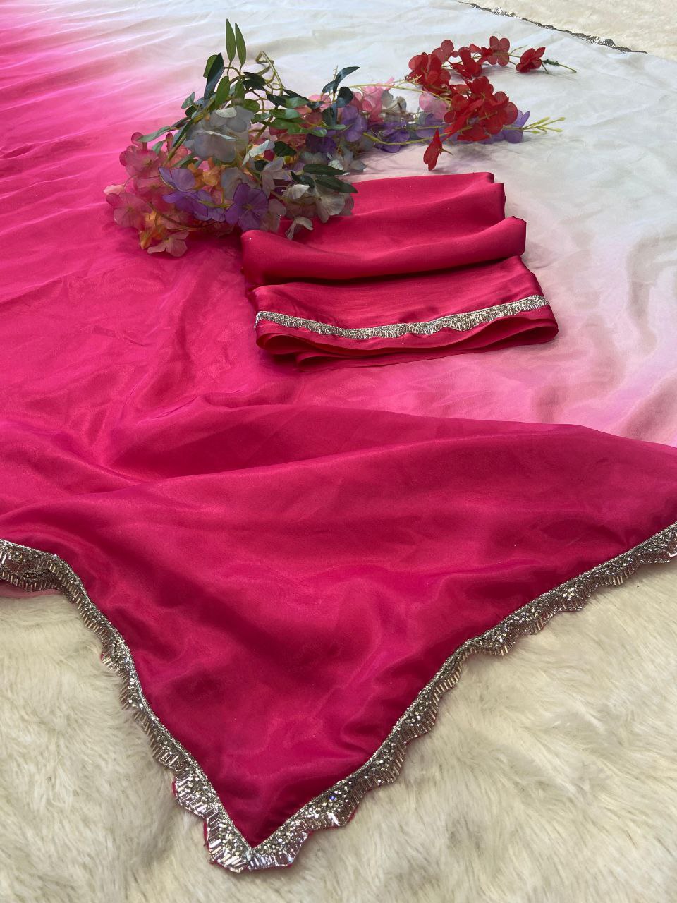 Chic Pink and White Ombre Georgette Saree with Sequin Border