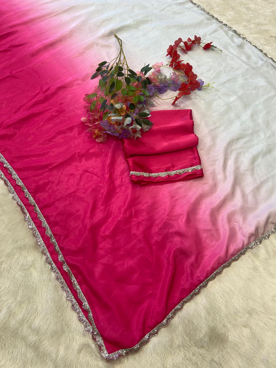 Chic Pink and White Ombre Georgette Saree with Sequin Border