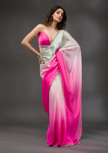 Chic Pink and White Ombre Georgette Saree with Sequin Border