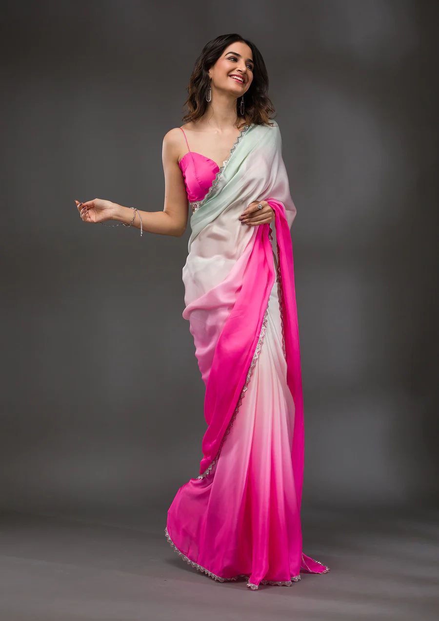 Chic Pink and White Ombre Georgette Saree with Sequin Border