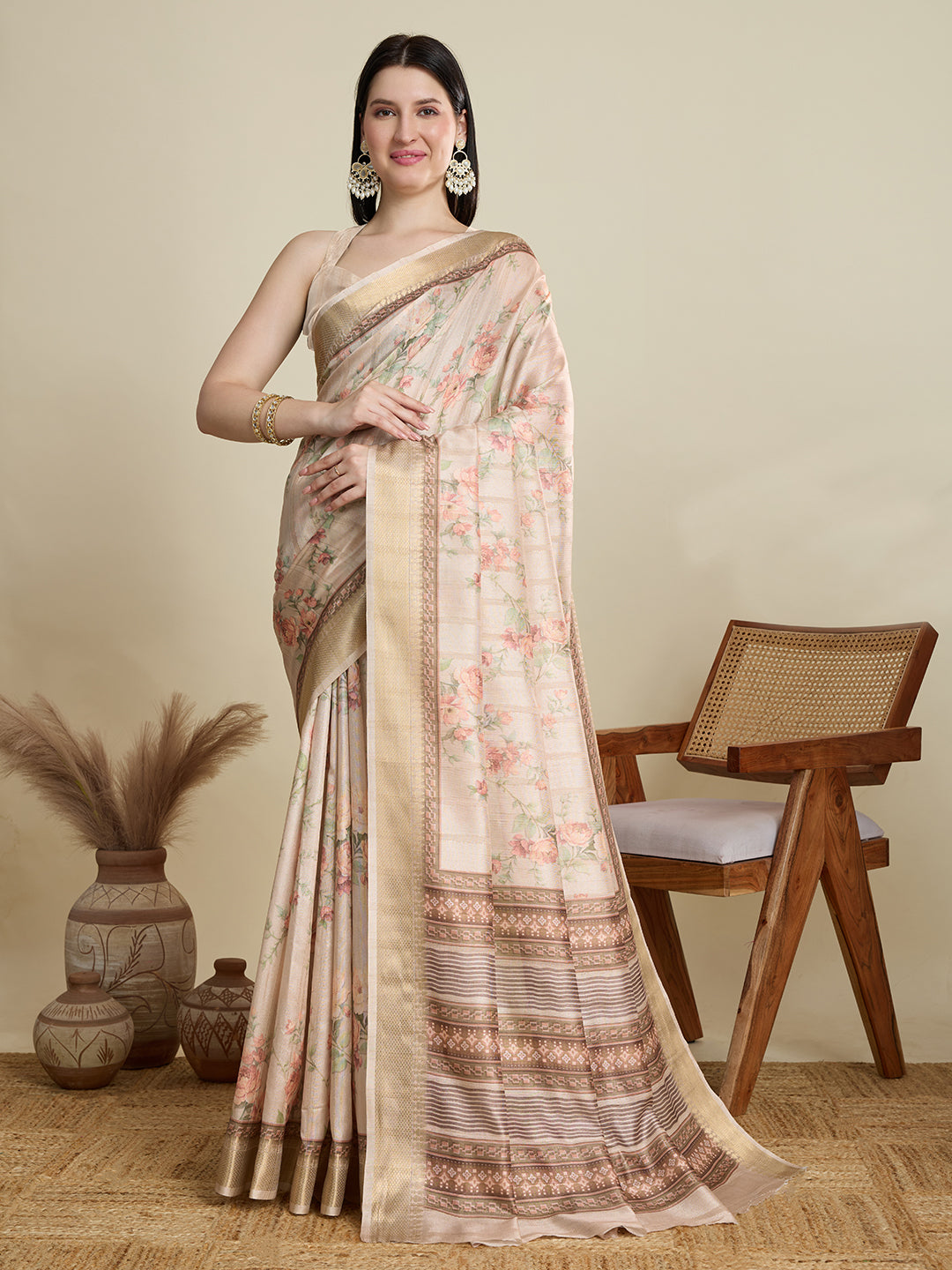 Cream Semi Cotton Saree with Floral Weaving and Zari Border Blouse Included