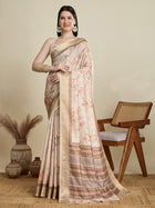 Cream Semi Cotton Saree with Floral Weaving and Zari Border Blouse Included