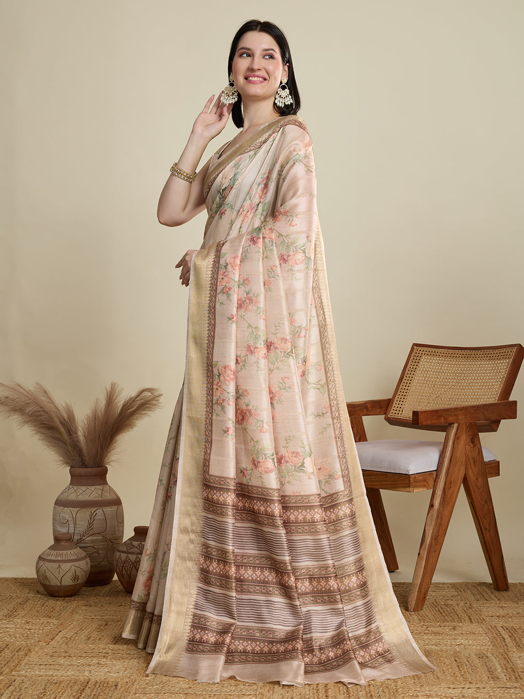 Cream Semi Cotton Saree with Floral Weaving and Zari Border Blouse Included