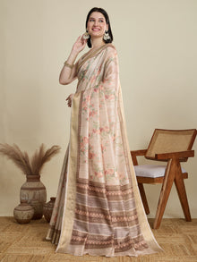 Cream Semi Cotton Saree with Floral Weaving and Zari Border Blouse Included