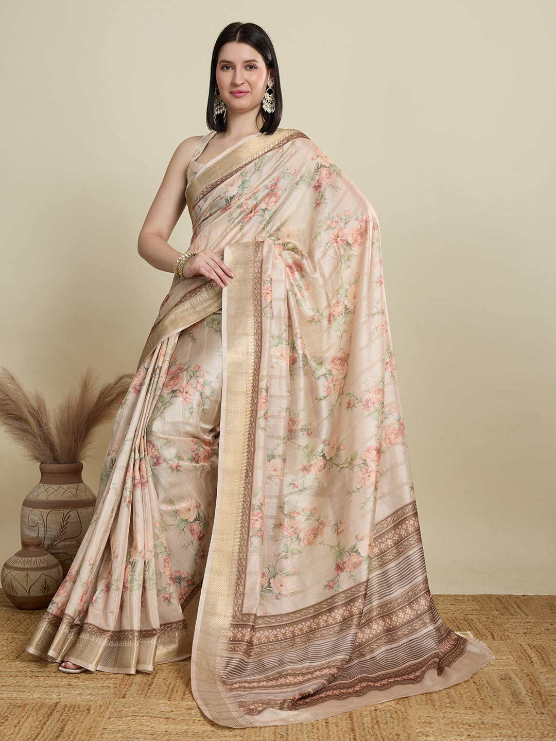 Cream Semi Cotton Saree with Floral Weaving and Zari Border Blouse Included