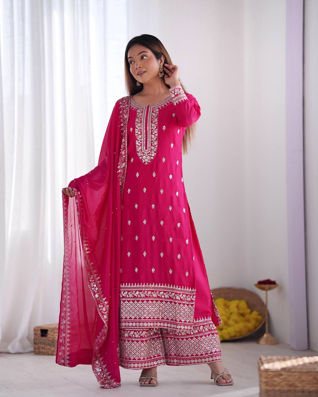 Dark Pink Mirror Embroidered Kurta Set with Palazzo & Dupatta Elegant Festive Wear