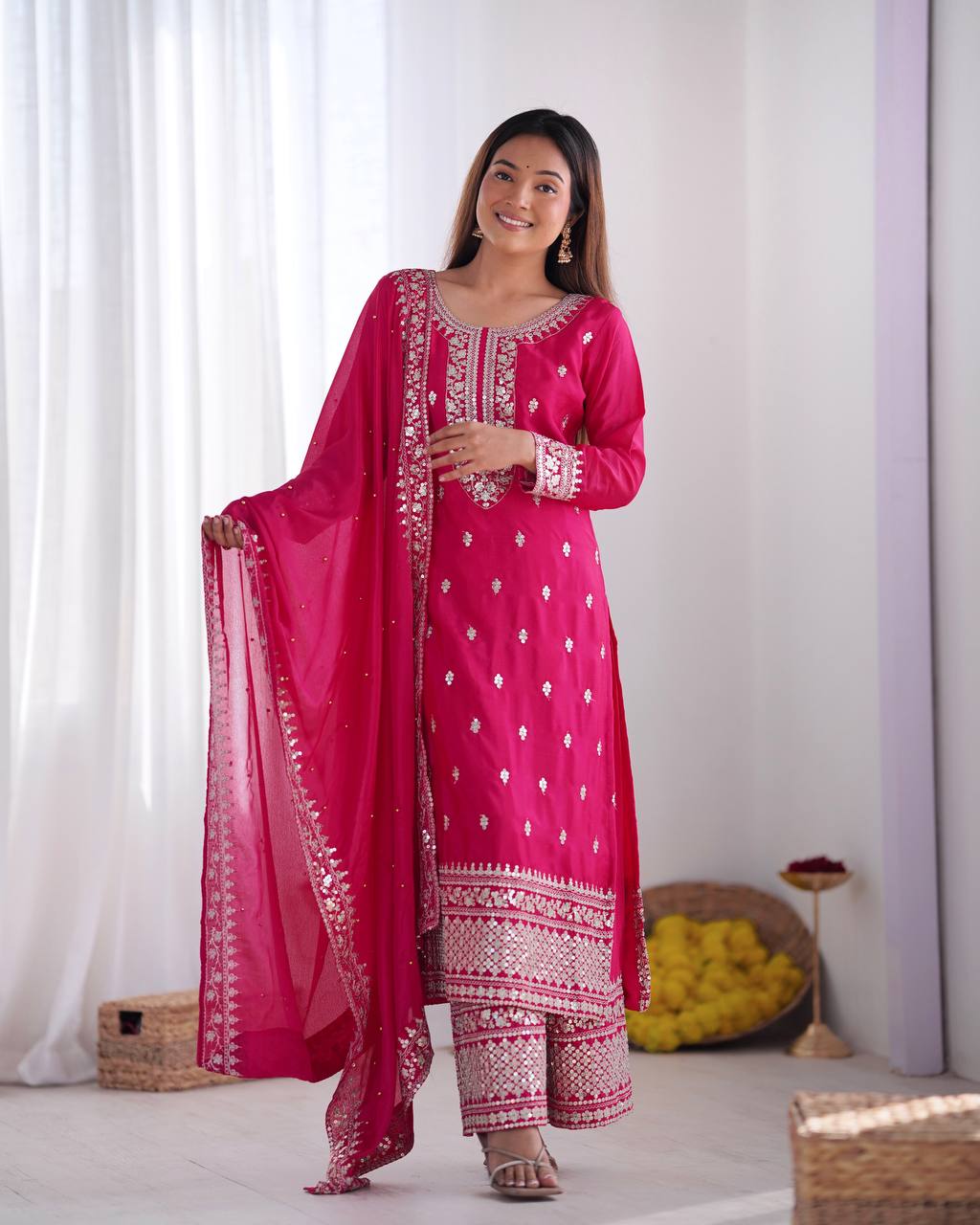 Dark Pink Mirror Embroidered Kurta Set with Palazzo & Dupatta Elegant Festive Wear
