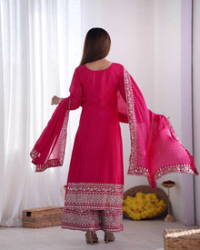 Dark Pink Mirror Embroidered Kurta Set with Palazzo & Dupatta Elegant Festive Wear