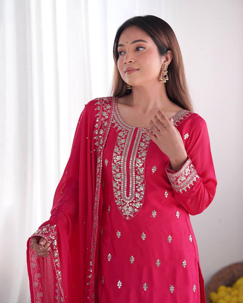 Dark Pink Mirror Embroidered Kurta Set with Palazzo & Dupatta Elegant Festive Wear