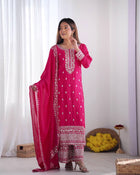 Dark Pink Mirror Embroidered Kurta Set with Palazzo & Dupatta Elegant Festive Wear