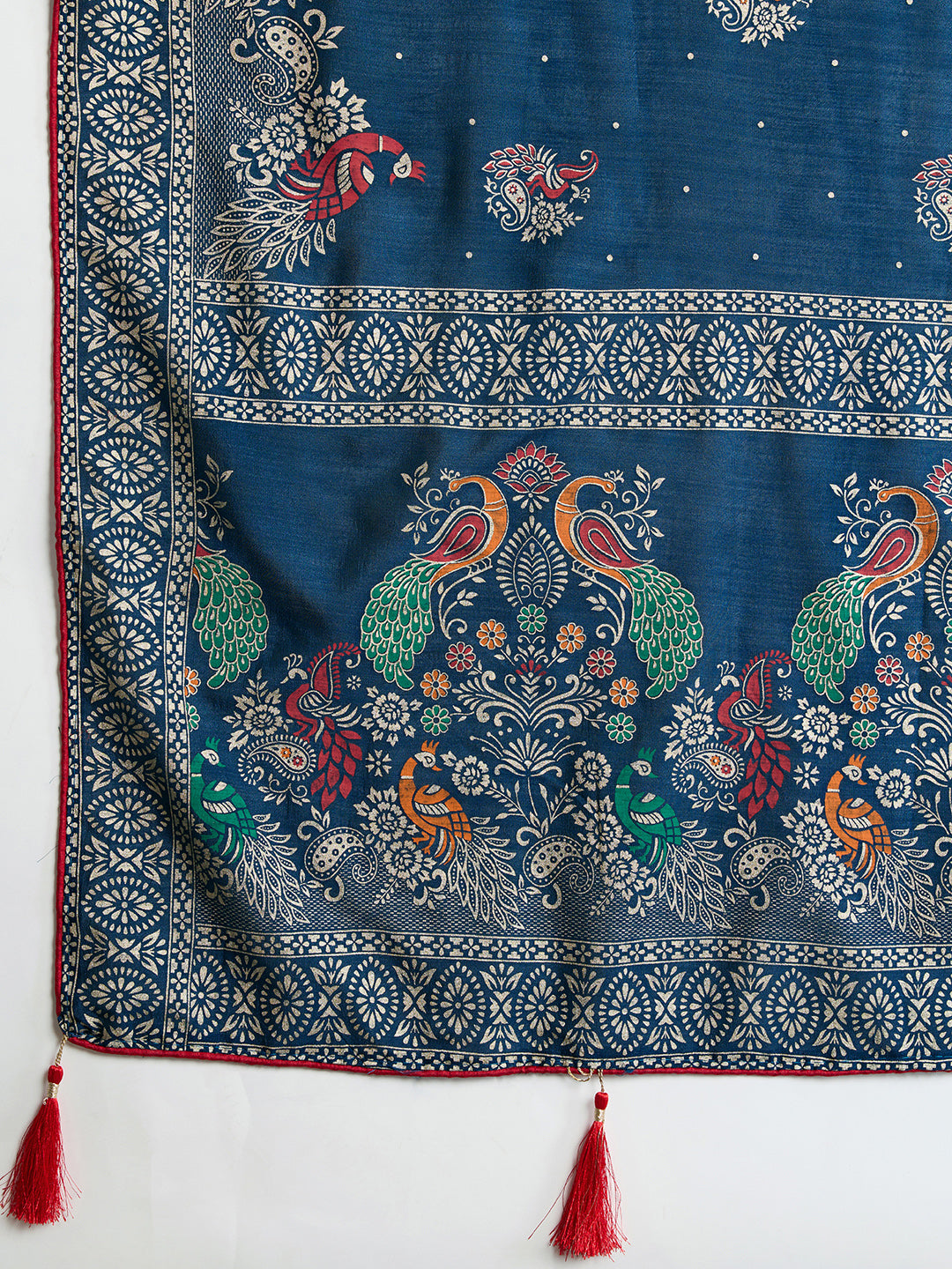 deep blue cotton saree with all over floral table print and running blouse