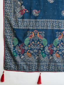 deep blue cotton saree with all over floral table print and running blouse