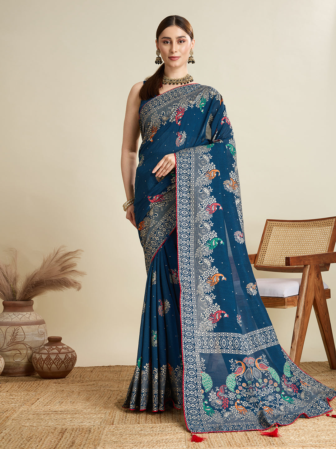 deep blue cotton saree with all over floral table print and running blouse