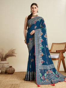 deep blue cotton saree with all over floral table print and running blouse