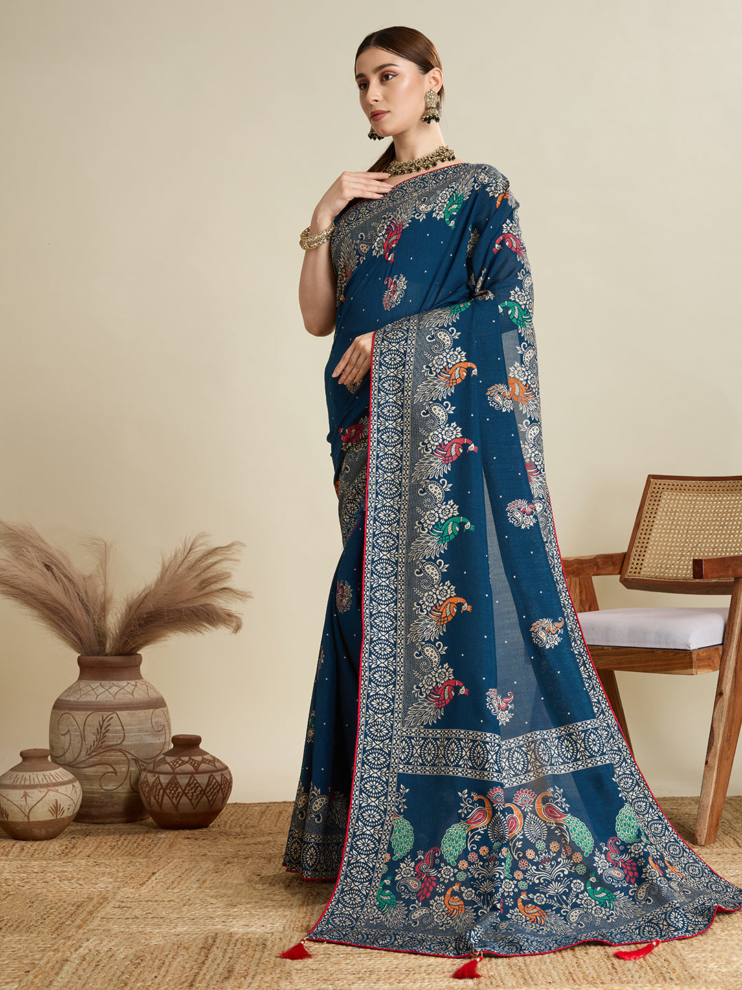 deep blue cotton saree with all over floral table print and running blouse