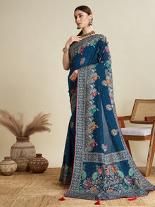 deep blue cotton saree with all over floral table print and running blouse