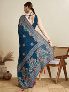 deep blue cotton saree with all over floral table print and running blouse