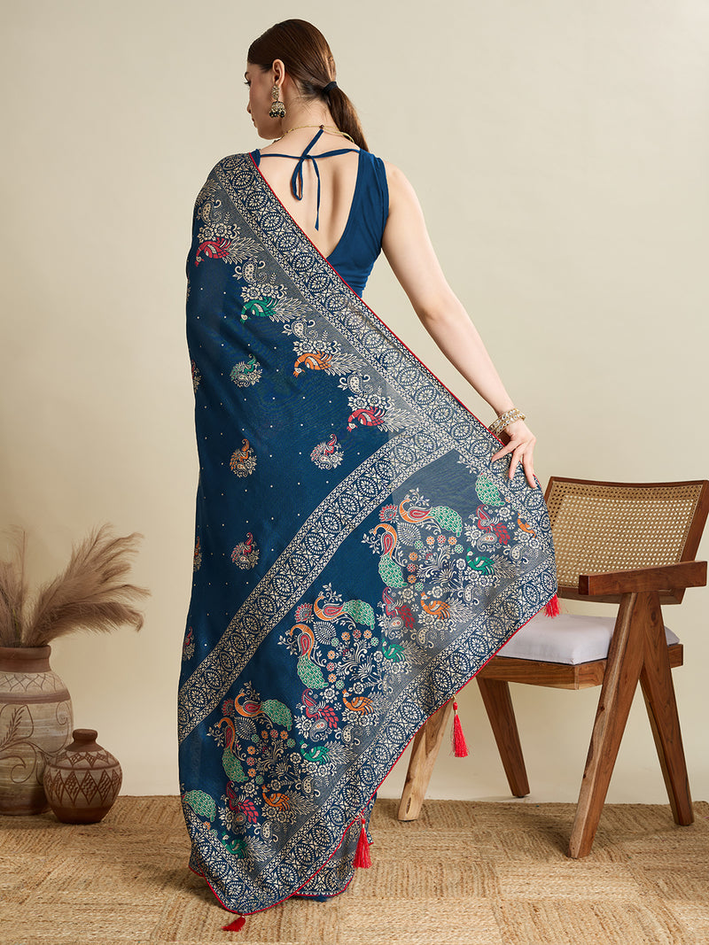 deep blue cotton saree with all over floral table print and running blouse