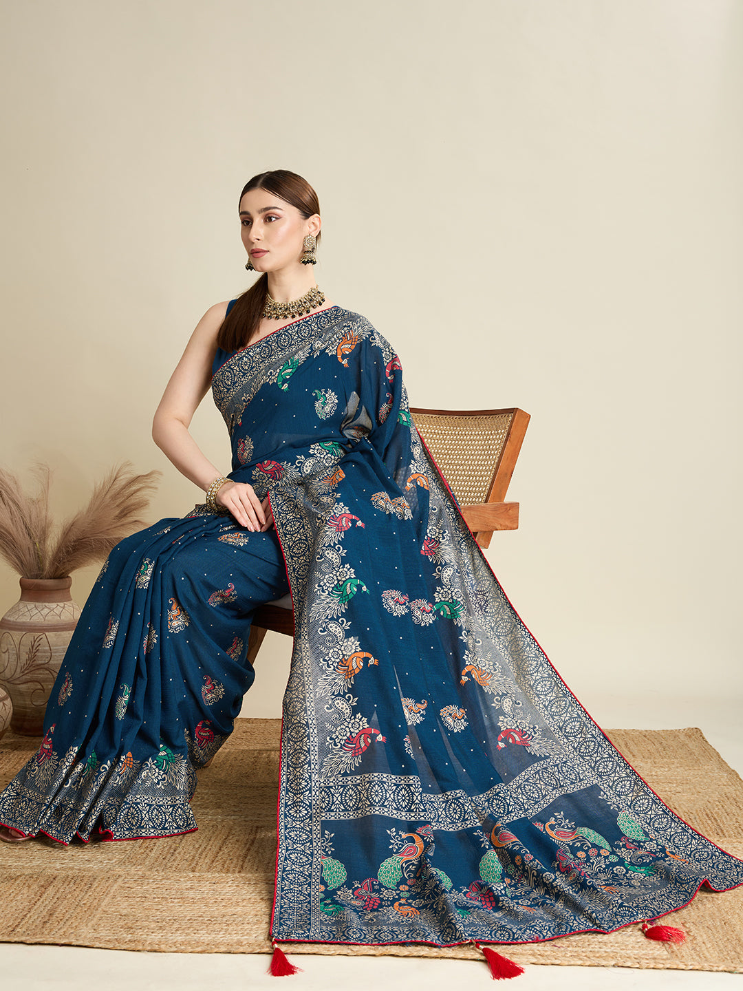 deep blue cotton saree with all over floral table print and running blouse
