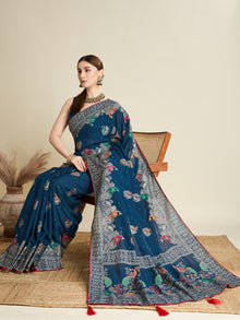 deep blue cotton saree with all over floral table print and running blouse