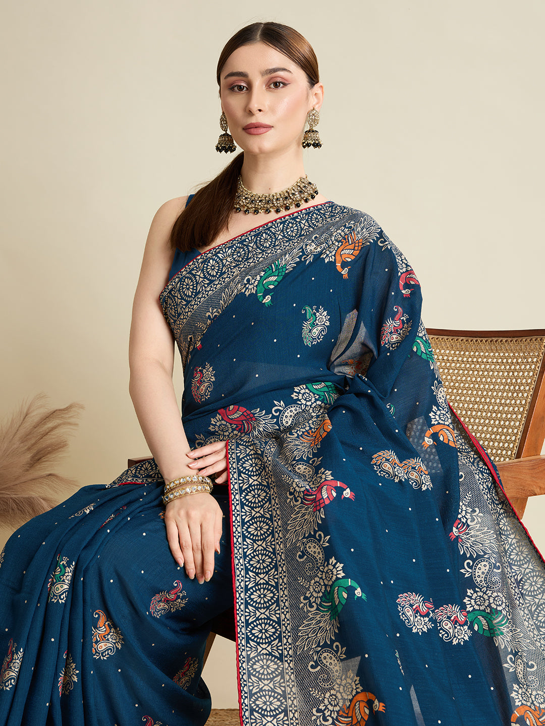 deep blue cotton saree with all over floral table print and running blouse
