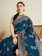 deep blue cotton saree with all over floral table print and running blouse