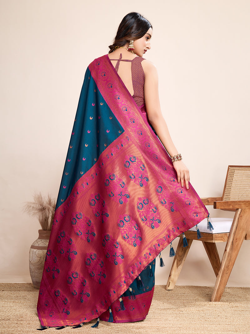 Deep Blue Jacquard Saree with Pure Zari Weaving Rich Floral Accents Wedding Festive Wear