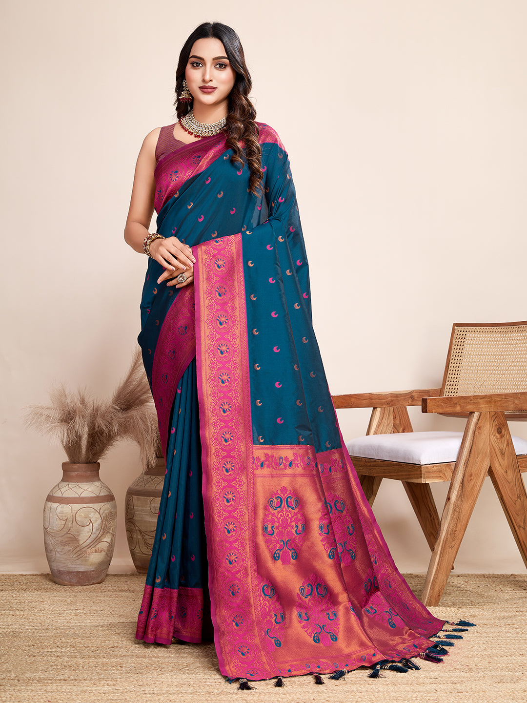 Deep Blue Jacquard Saree with Pure Zari Weaving Rich Floral Accents Wedding Festive Wear