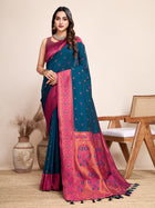 Deep Blue Jacquard Saree with Pure Zari Weaving Rich Floral Accents Wedding Festive Wear