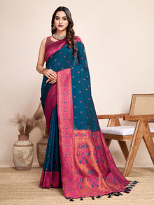 Deep Blue Jacquard Saree with Pure Zari Weaving Rich Floral Accents Wedding Festive Wear