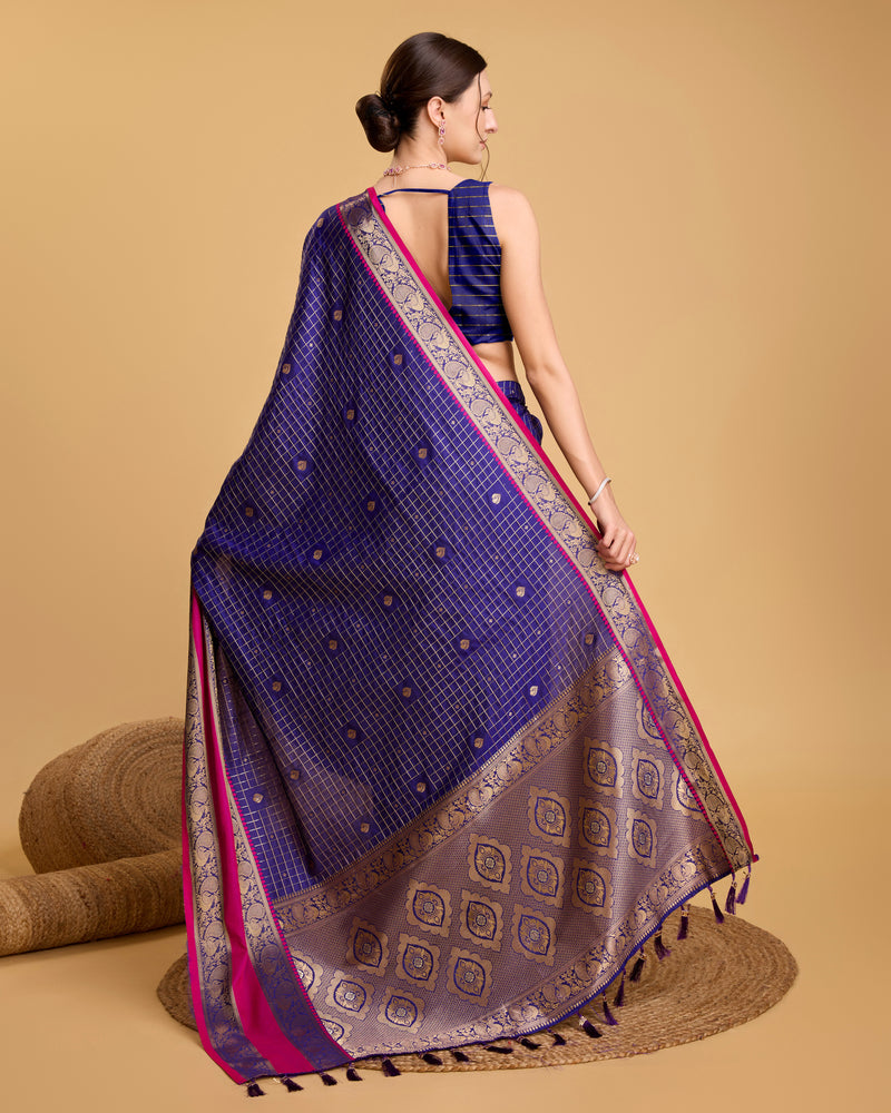 Deep Blue Pure Silk Saree with Meenakari Weaving & Rich Contrast Pallu Bridal  Wear