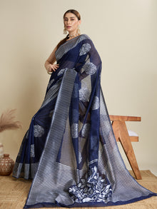 Deep Blue Soft Silk Saree with Rich Zari Lining Border & Butti Blouse Bridal  Festive Weaving Saree