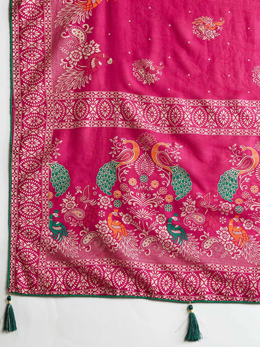 cotton saree with floral table print and foil border detailing