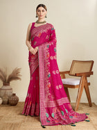 cotton saree with floral table print and foil border detailing