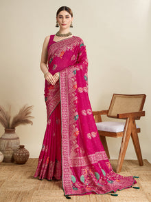 cotton saree with floral table print and foil border detailing