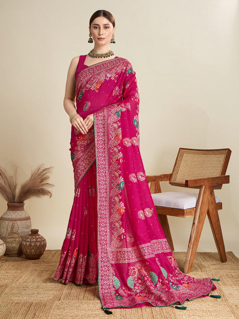 cotton saree with floral table print and foil border detailing