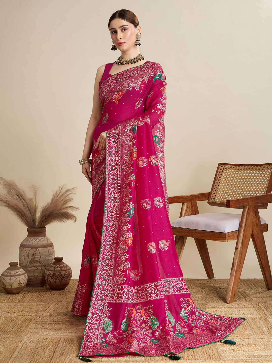 cotton saree with floral table print and foil border detailing