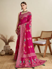 cotton saree with floral table print and foil border detailing
