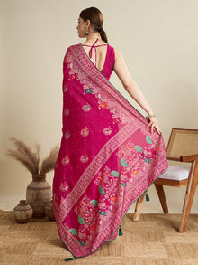 cotton saree with floral table print and foil border detailing