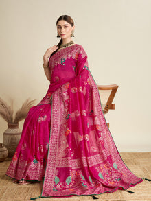cotton saree with floral table print and foil border detailing