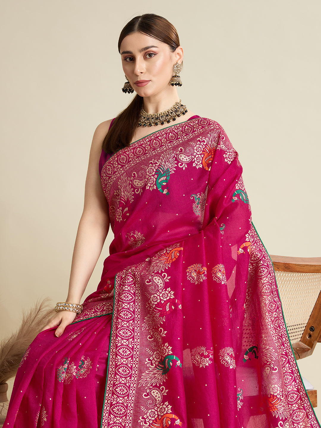 cotton saree with floral table print and foil border detailing